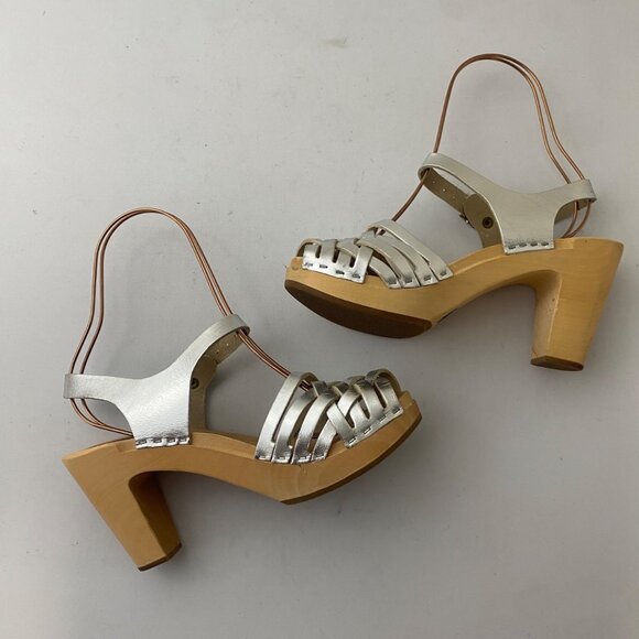 Swedish Hasbeens Toffel Sandals w Heel Shoes Silver Metallic - Picture 3 of 10